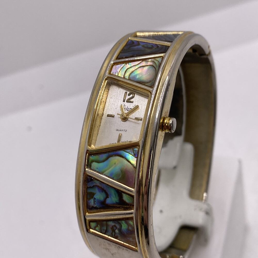 Vintage Vivani Abalone Mop Gold Tone Cuff Bangle Watch New Battery